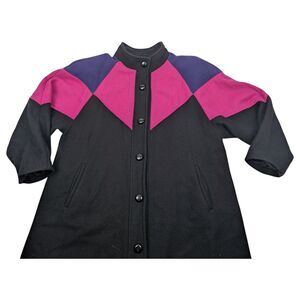 KOMITOR Vintage 80s Women’s 16W Coat Wool Color Block Button Up Long Overcoat